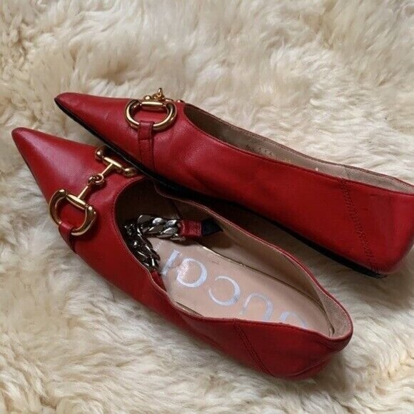 GUCCI Deva Red Lamb Leather Point Toe Horsebit Silver Chain Ballet Flats 35 - Picture 10 of 12